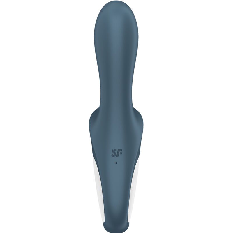 Blau-weißer Anal-Vibrator. Länglicher Schaft, ringförmiger Griff. Bedienfeld mit Knöpfen. Glatte Oberfläche.