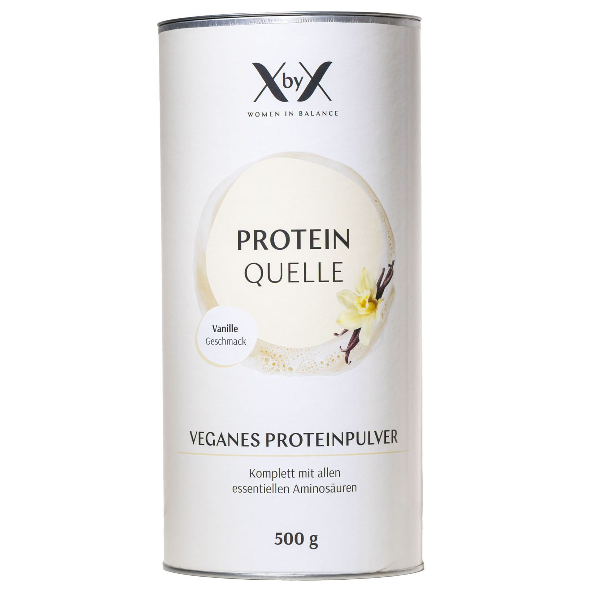 Zylindrische Dose mit weißem Proteinpulver. Aufschrift: Protein Quelle, Vanille Geschmack, veganes Proteinpulver, 500g.