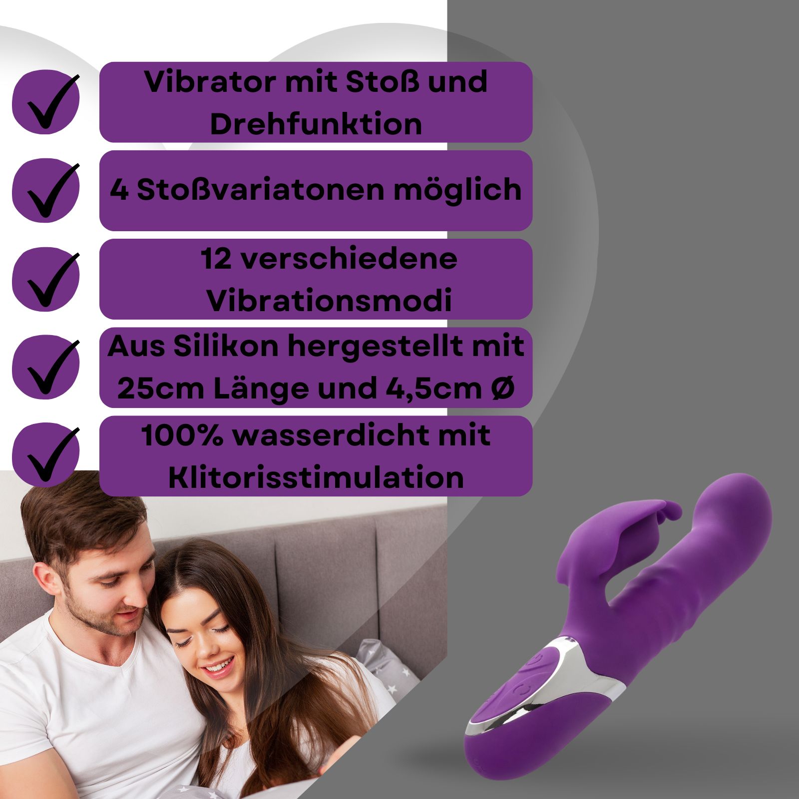 Lila Vibrator mit Stoß- und Drehfunktion. Aus Silikon, 25cm lang, 4,5cm Ø. 100% wasserdicht. Mit Klitorisstimulation.