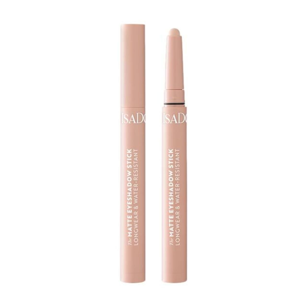 Zwei Stifte. Einer mit Kappe, der andere mit herausgedrehter Spitze. Aufschrift: The Matte Eyeshadow Stick Longwear & Water-Resistant. Marke: IsaDora.