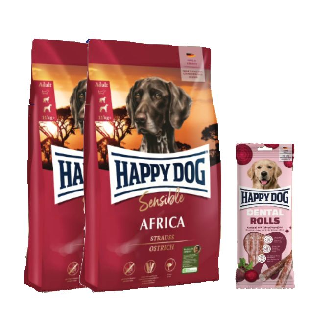 Happy Dog Sensible Africa Doppelpack + Dental Rolls für Hunde 25,1 kg