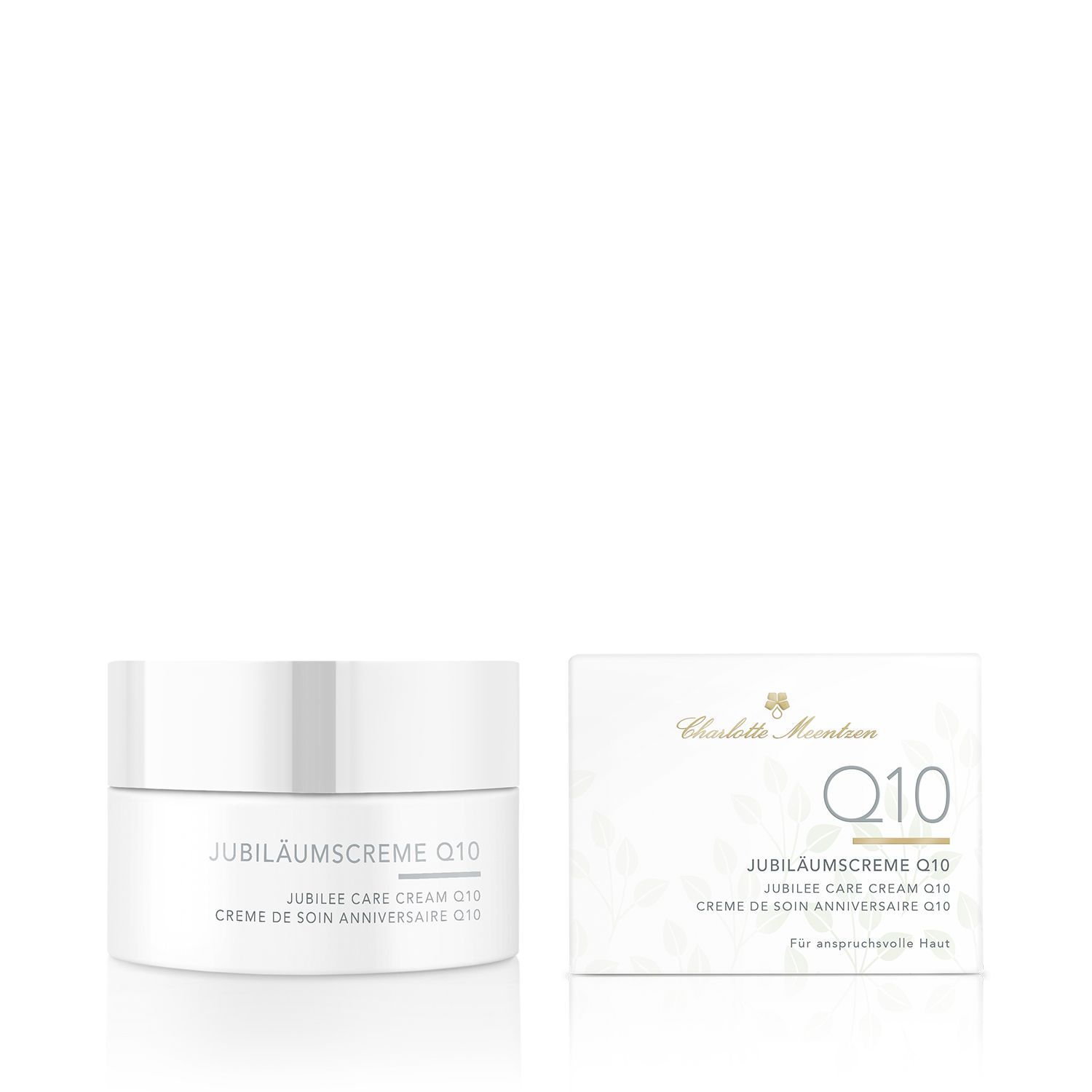 Creme-Tiegel und Schachtel. Aufschrift: Jubiläumscreme Q10, Jubilee Care Cream Q10, Crème de soin anniversaire Q10. Marke: Charlotte Meentzen.