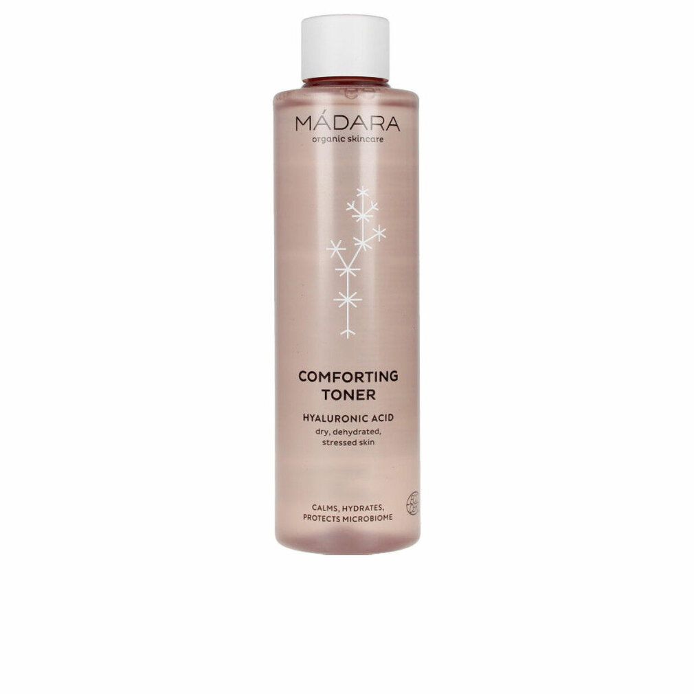 Rosa Flasche mit weißem Deckel. Aufschrift: MÁDARA, Comforting Toner, Hyaluronsäure. Für trockene, dehydrierte Haut.