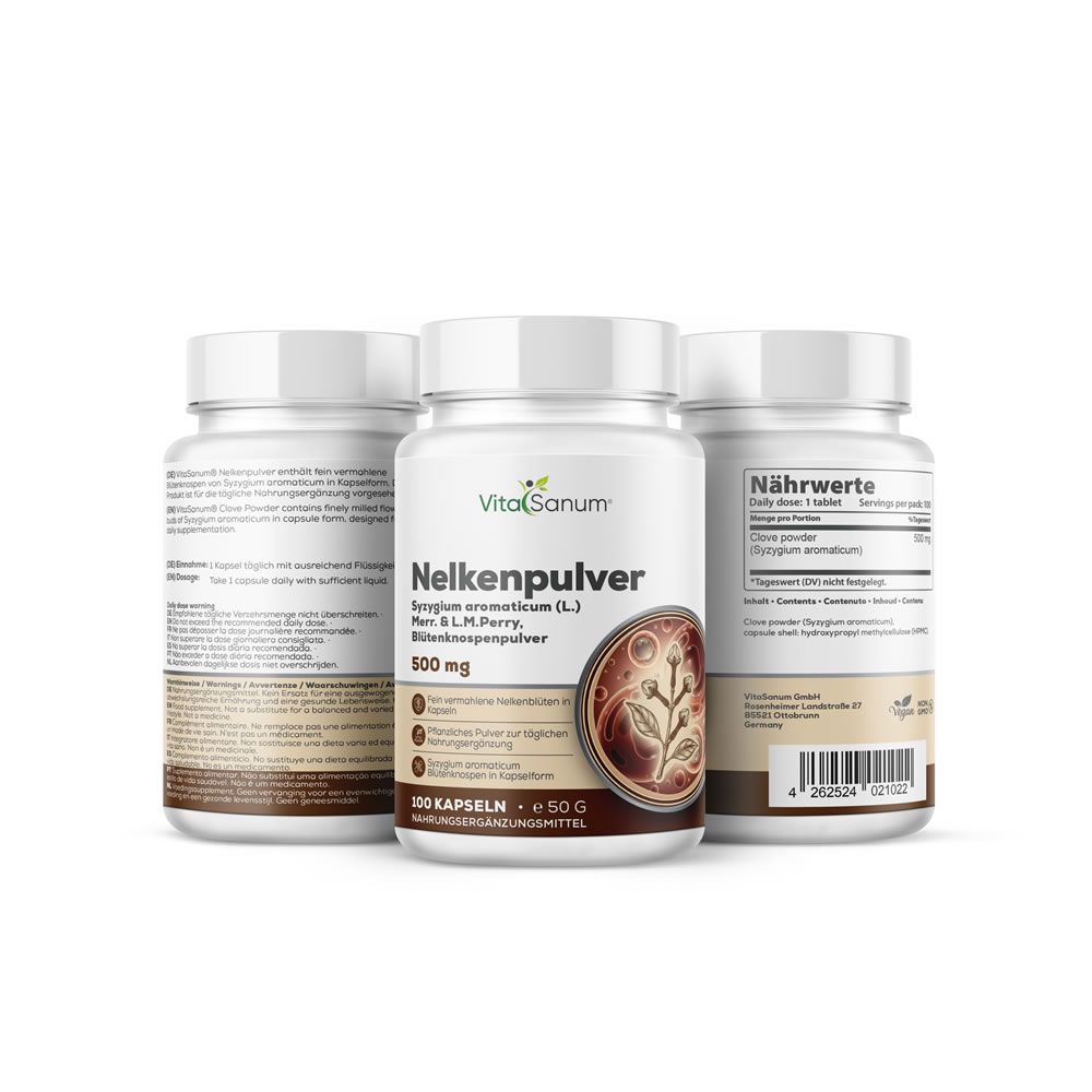 Drei Kapsel-Dosen. Mittlere Dose: Nelkenpulver, 500 mg, 100 Kapseln. VitaSanum Logo. Zwei weitere Dosen im Hintergrund.