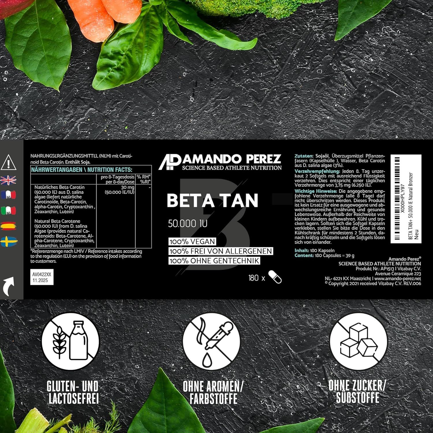 Etikett mit Produktinformationen. Enthält Beta Carotin, 50.000 IE, 180 Kapseln. Gluten- und laktosefrei, ohne Aromen, Farbstoffe und Gentechnik.