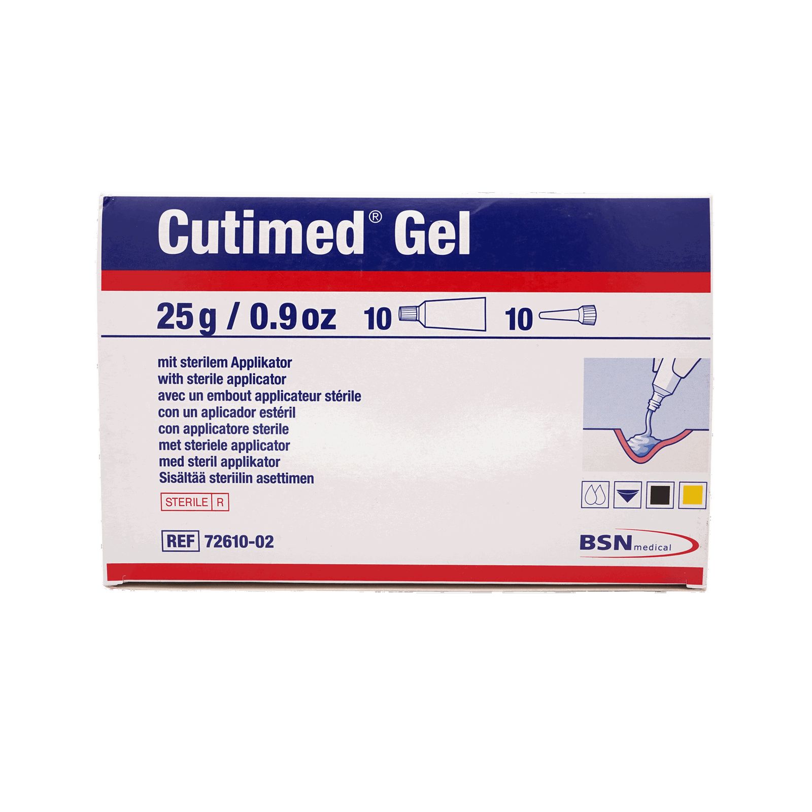 Schachtel Cutimed Gel, 25g/0.9oz, mit sterilem Applikator. Enthält 10 Tuben und 10 Applikatoren. BSN medical Logo.