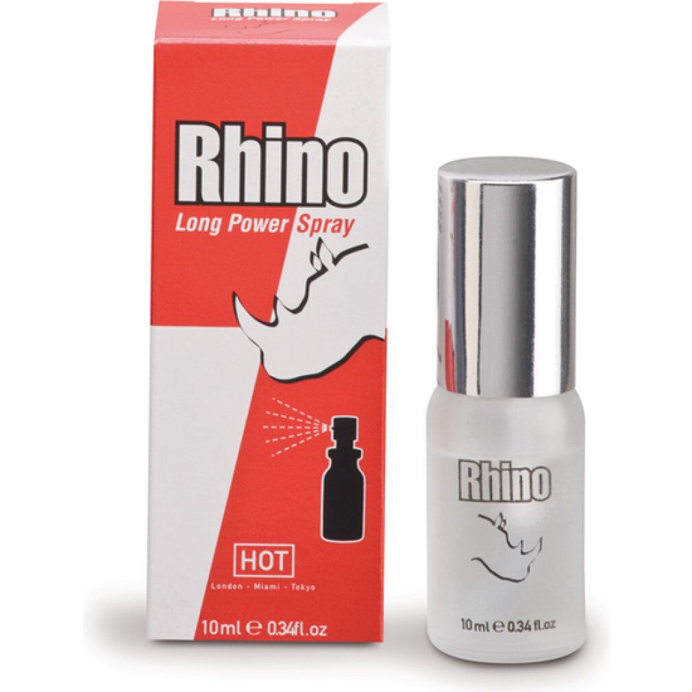 Produkt und Verpackung. Rhino Long Power Spray Flasche und Karton. Rote und weiße Farbgebung. 10ml.