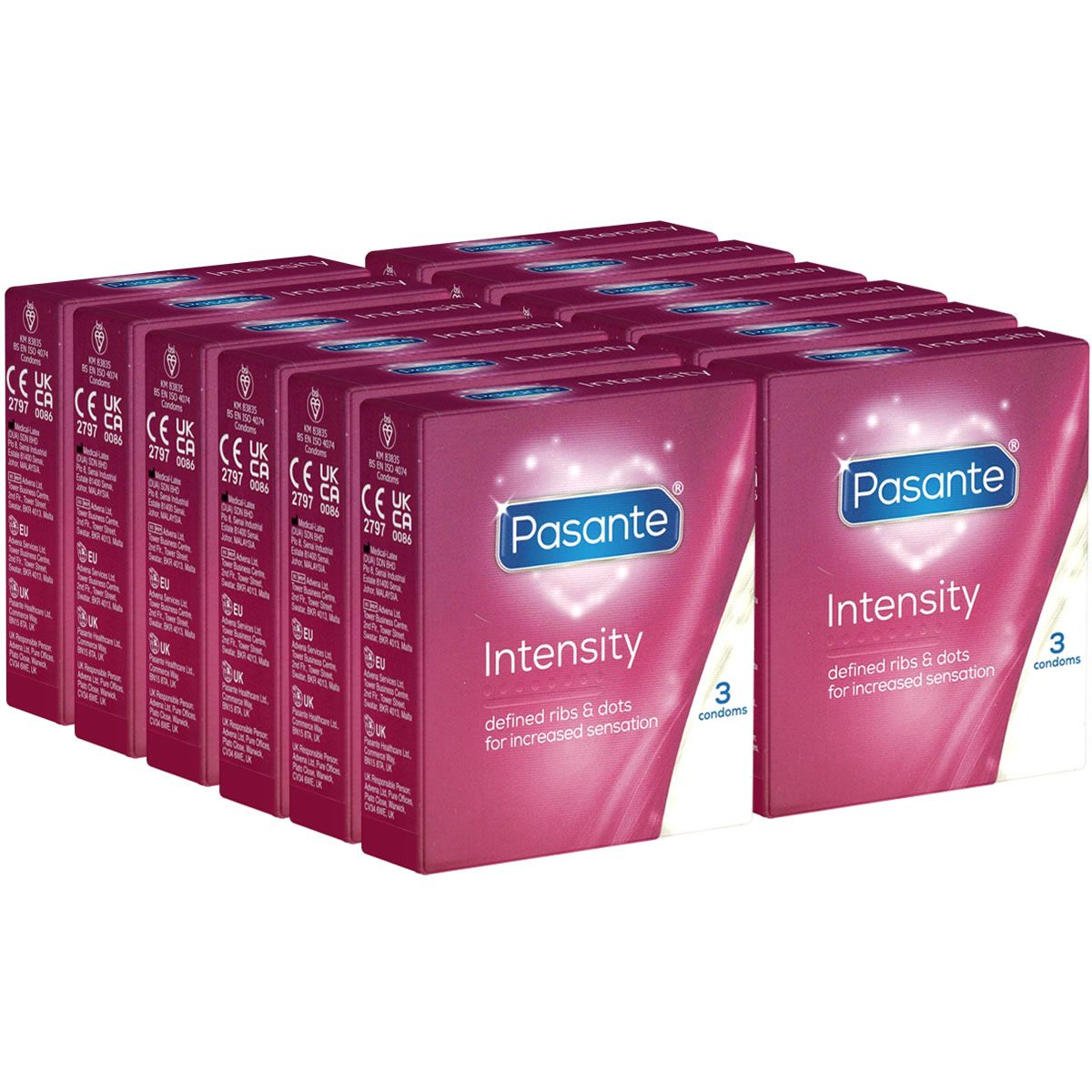 Mehrere Packungen Kondome. Aufdruck: Pasante Intensity, definiert Rippen & Punkte für mehr Empfindung. Packung mit 3 Kondomen.