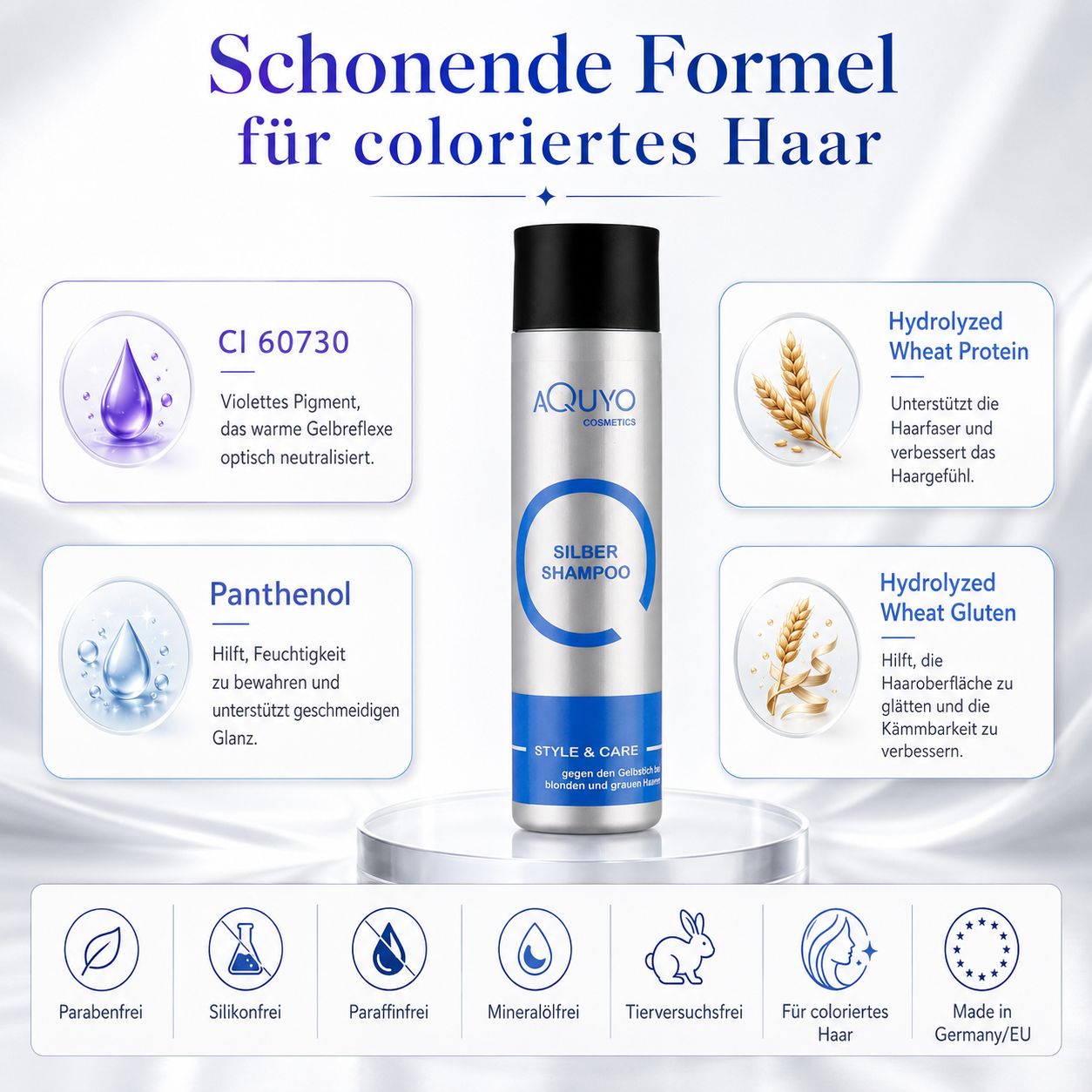 Produktabbildung: Aquyo Silbershampoo. Inhaltsstoffe und Eigenschaften. Icons und Text. Für coloriertes Haar.