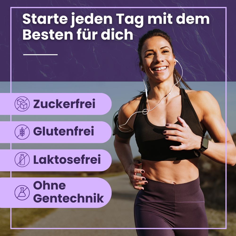 Läuferin. Text: Starte jeden Tag mit dem Besten für dich. Zuckerfrei, glutenfrei, laktosefrei, ohne Gentechnik.