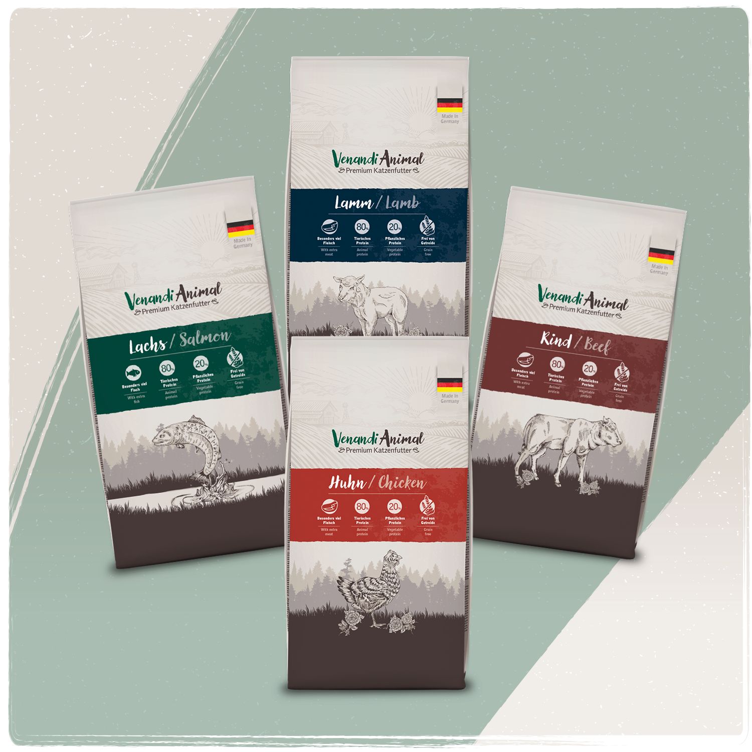 Vier Venandi Animal Probierpaket-Beutel: Lamm, Rind, Huhn, Lachs. Mit Tierabbildungen und deutscher Flagge, auf farbigem Hintergrund.