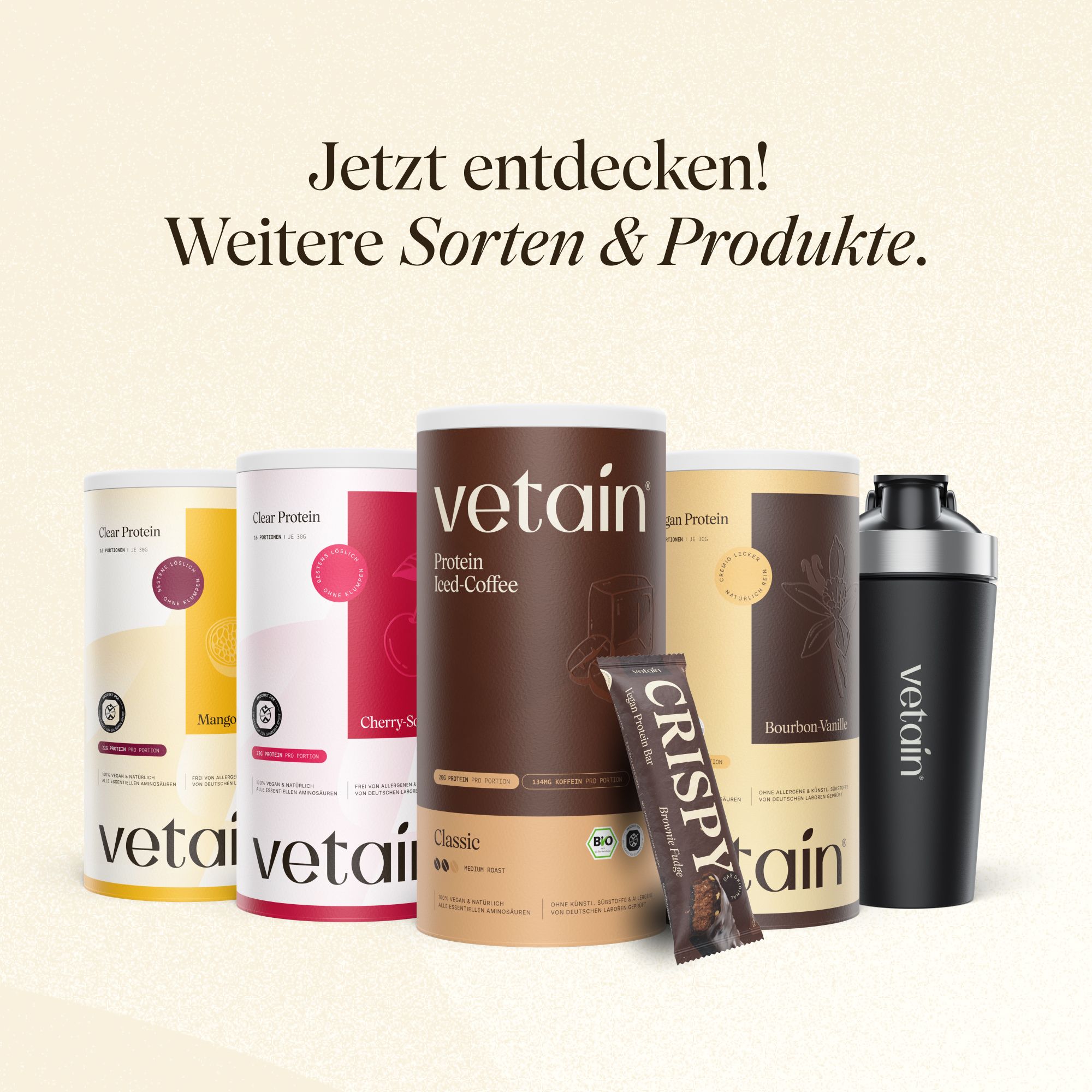 Fünf VETAIN Protein-Dosen und ein schwarzer Shaker.
