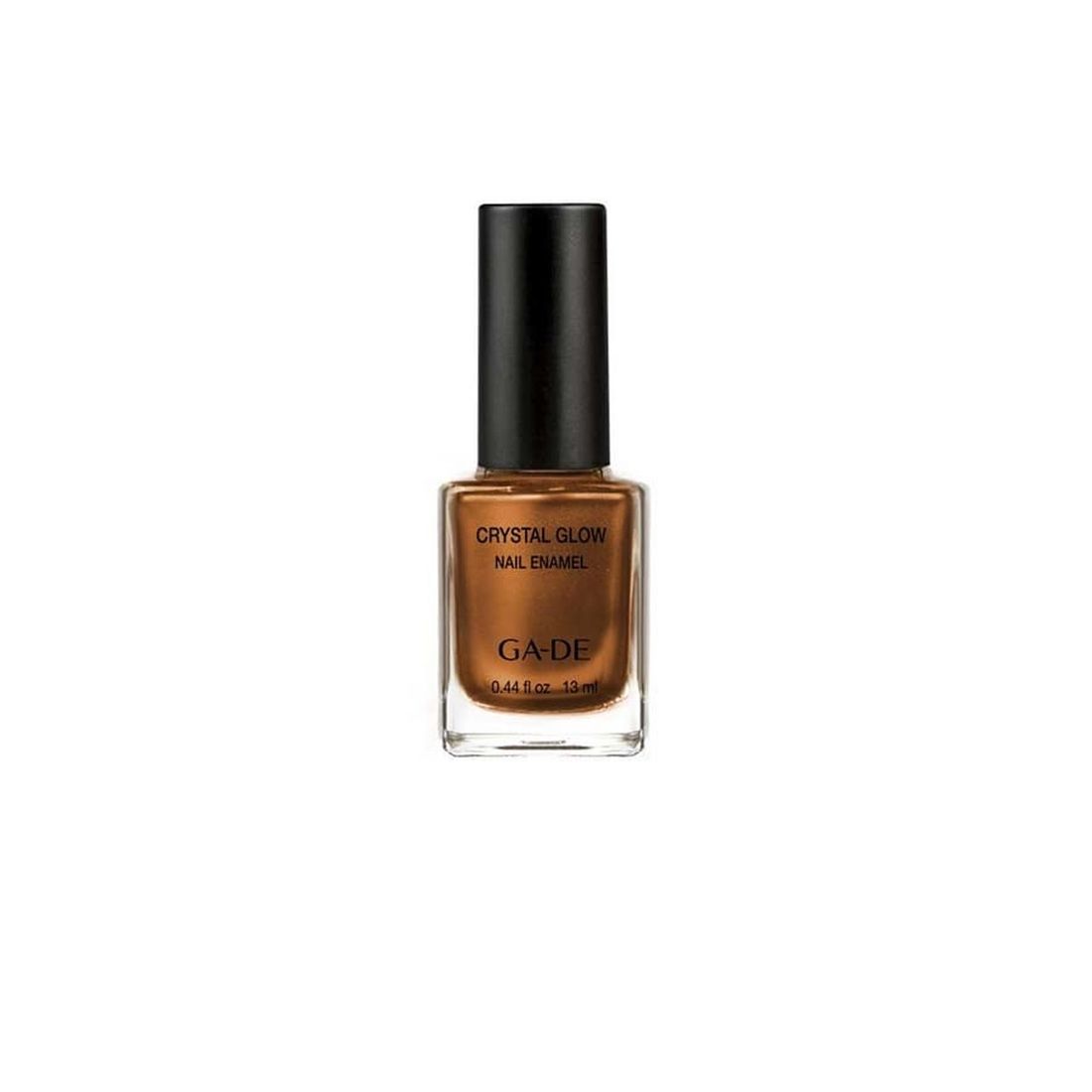 Nagellackflasche mit brauner Farbe. Schwarzer Deckel. Aufschrift: Crystal Glow Nail Enamel, GA-DE.
