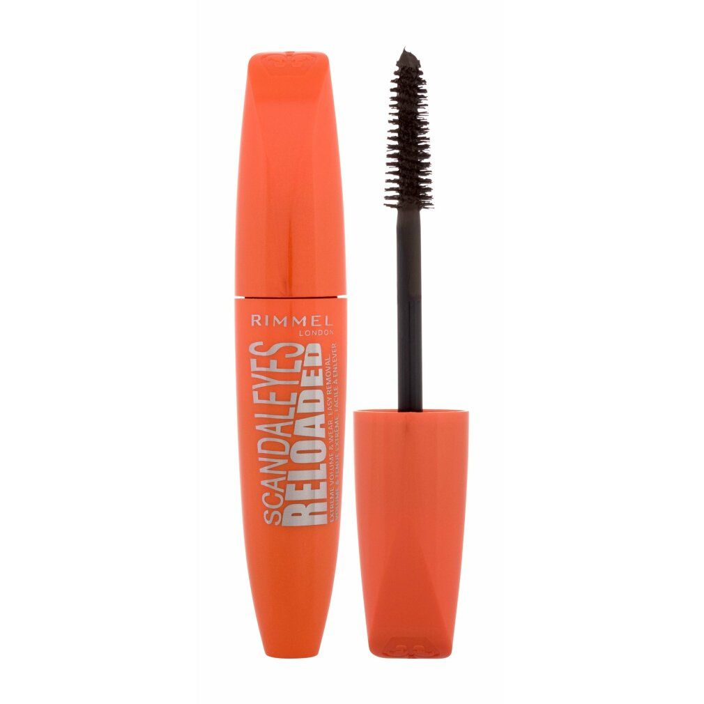 Orangefarbene Mascara-Flasche und -Bürste. Aufschrift: Rimmel London Scandaleyes Reloaded. Schwarze Bürste.