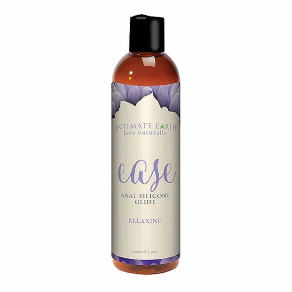 Flasche Intimate Earth Ease Anal-Gleitgel. Lila Etikett mit Schriftzug. Schwarzer Deckel.