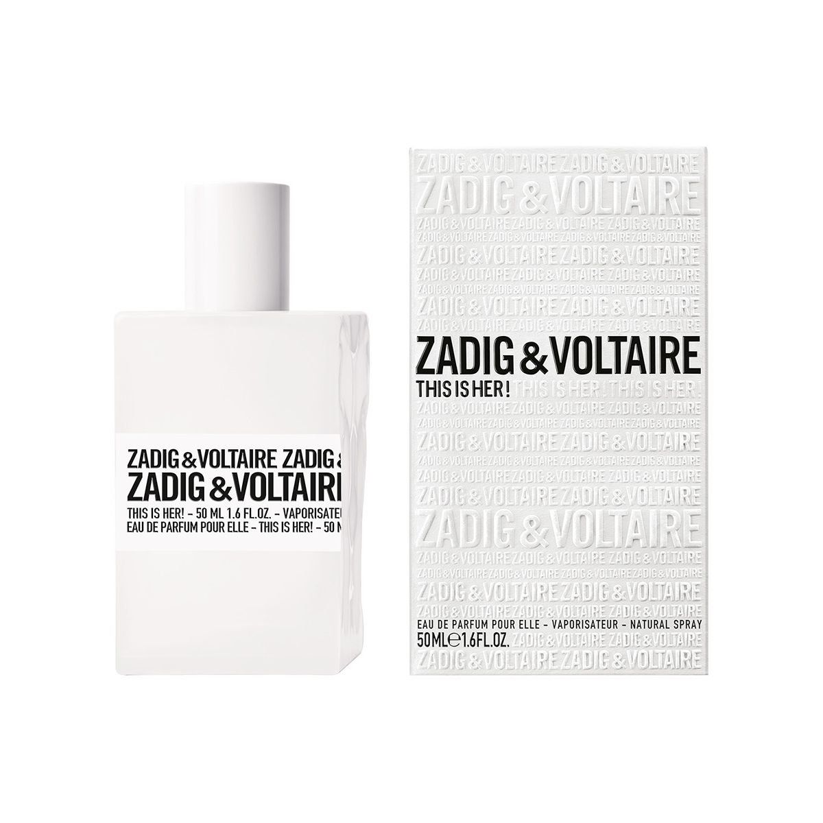 Weißer Flakon und Verpackung. Aufschrift: Zadig & Voltaire, THIS IS HER! 50 ml. Verpackung mit Logo.