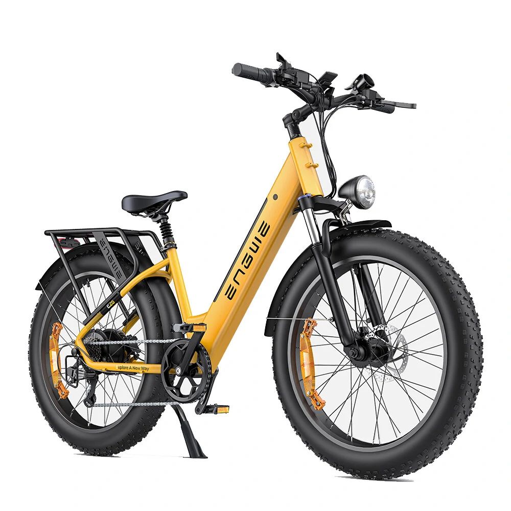 Gelbes E-Bike mit schwarzen Reifen, Gepäckträger und Scheinwerfer. Marke ENGWE.