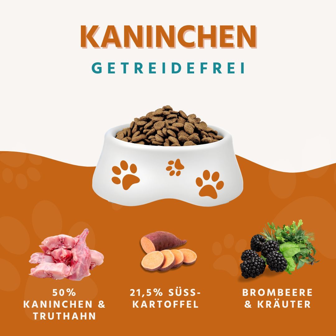 Hundefutter in einer Schüssel. Zutaten: Kaninchen, Truthahn, Süßkartoffeln, Brombeeren. Getreidefrei.