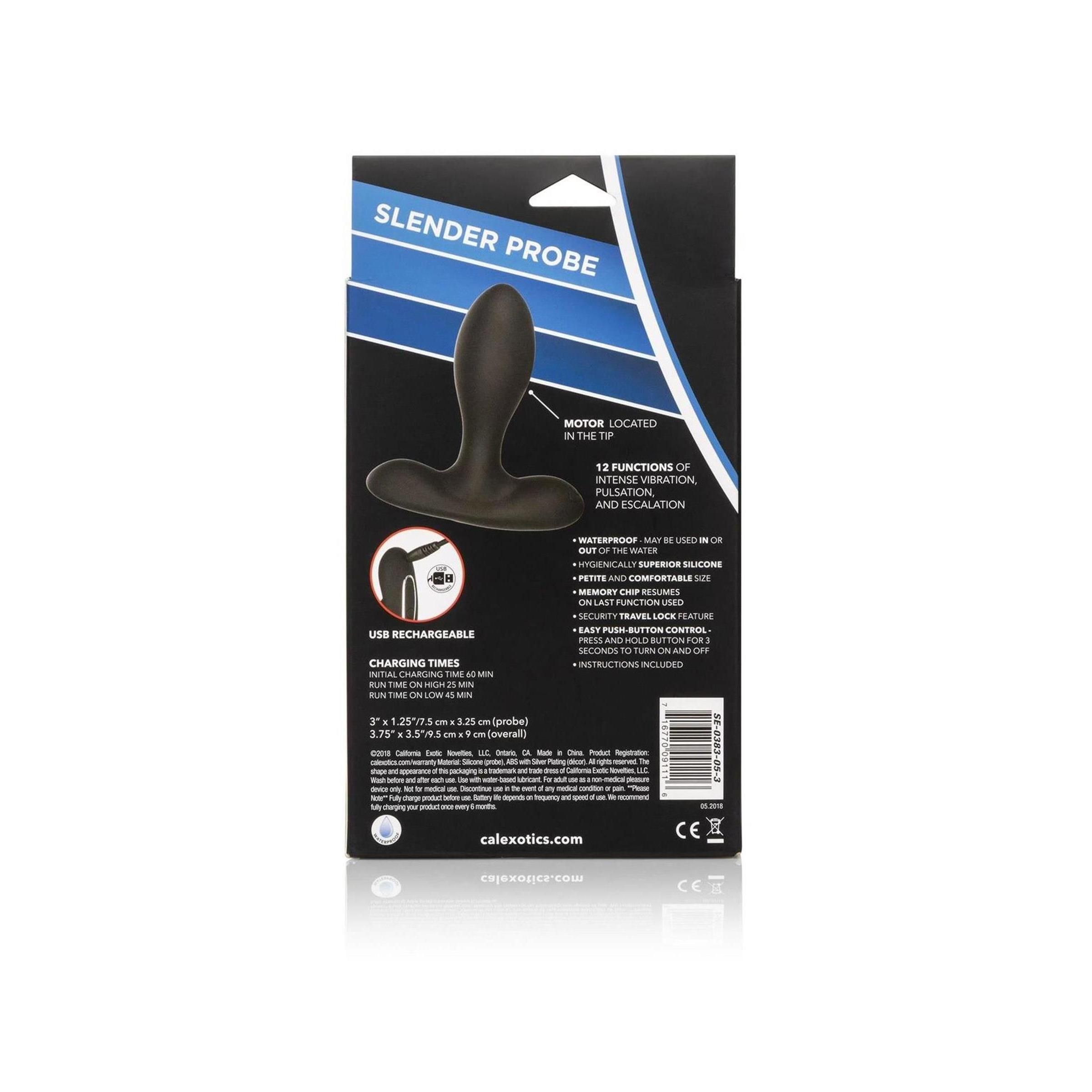 Rückseite der Produktverpackung. Produktname: Slender Probe. Informationen zu Funktionen, Material, Aufladung und Abmessungen.