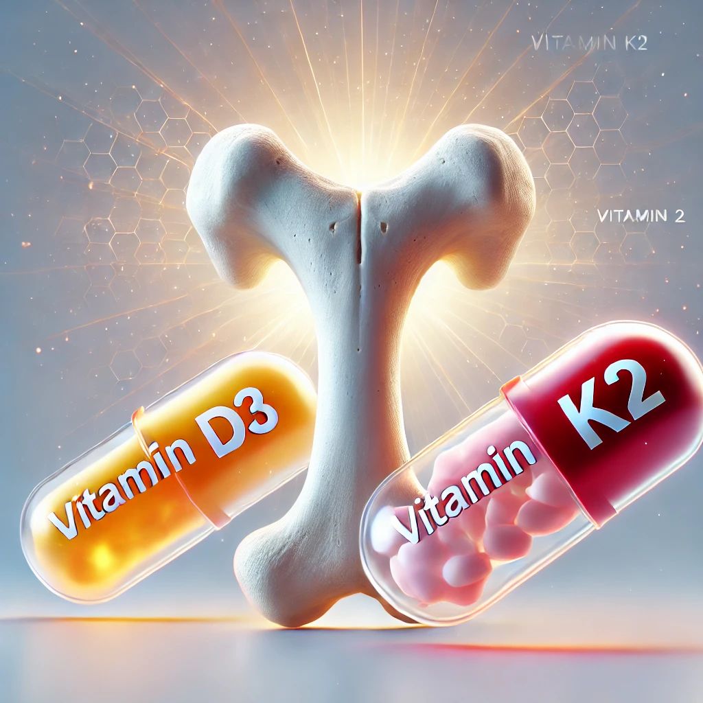 Illustration: Knochen mit Vitamin D3 und K2 Kapseln. Text: Vitamin D3, Vitamin K2.
