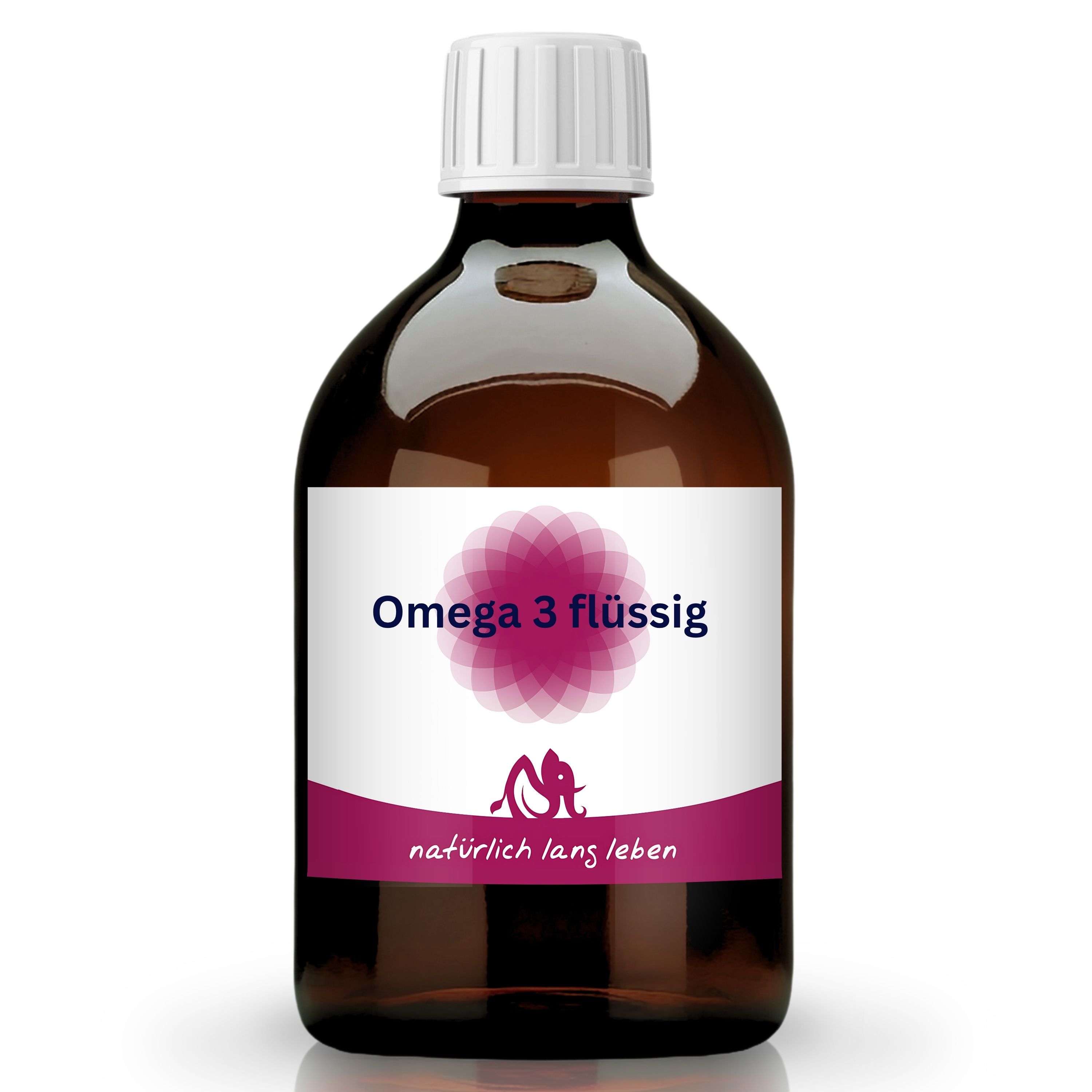 Braune Glasflasche mit weißem Etikett. Aufschrift: Omega 3 flüssig. Weißer Schraubverschluss.