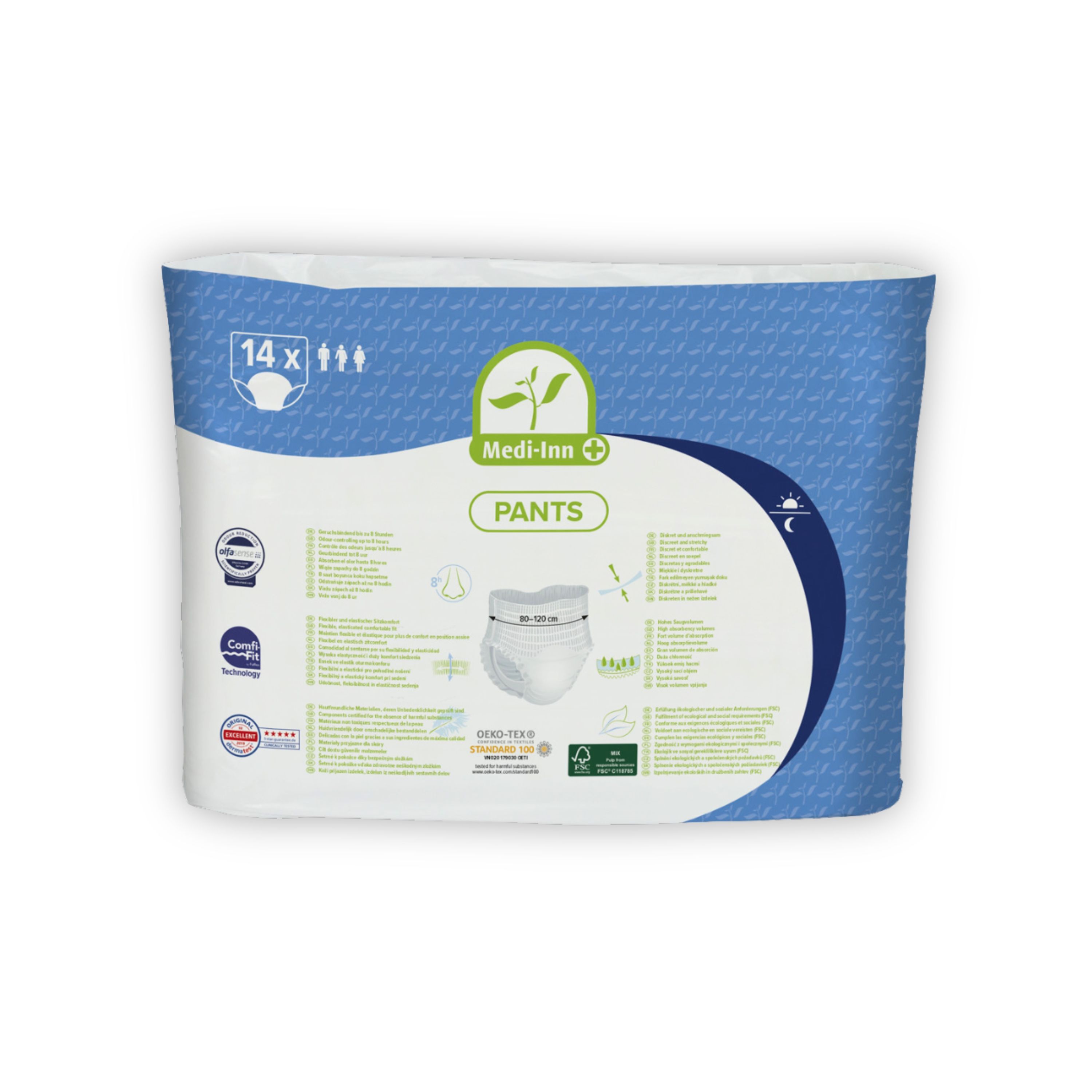 Medi-Inn Pants PLUS-Packung. Blaue Verpackung mit Produktabbildung und Informationen. Logo und Zertifizierungen.