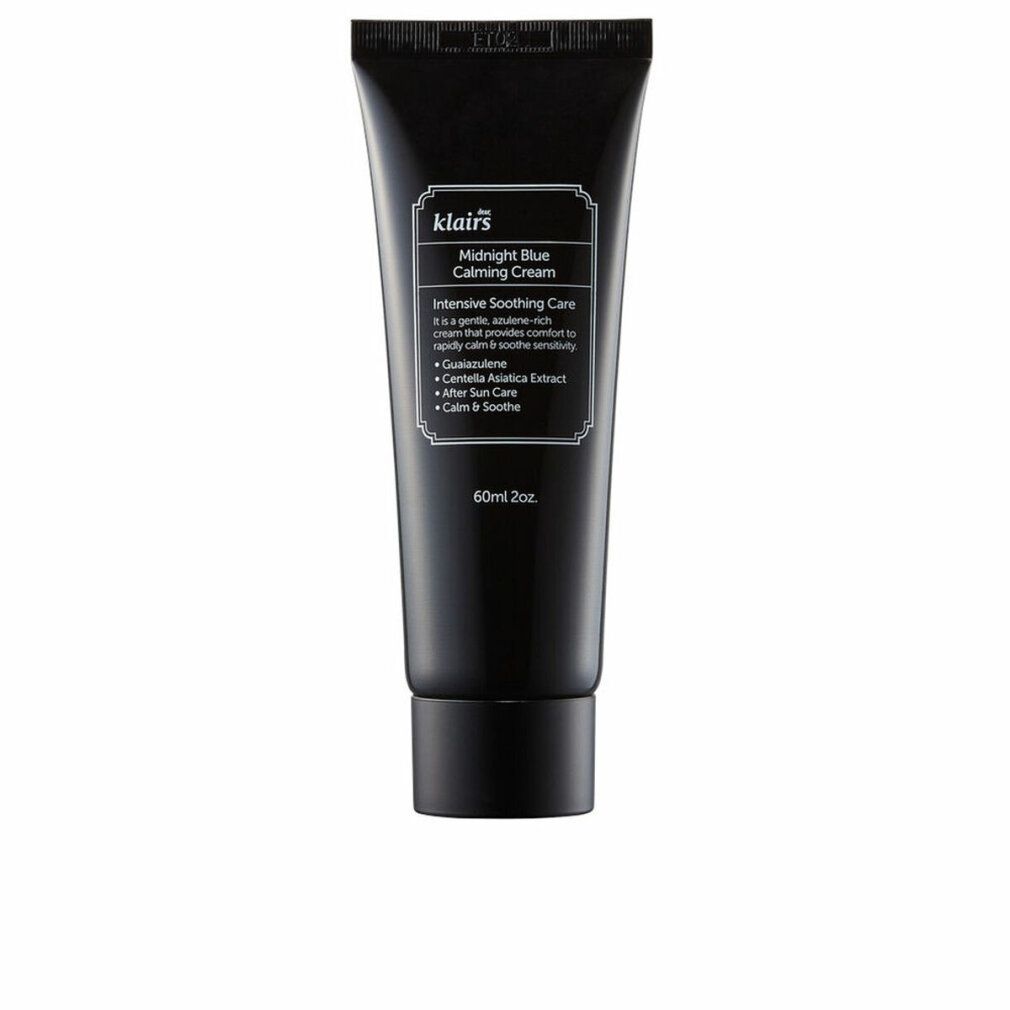 Dunkelblaue Tube mit weißem Etikett. Text: klairs, Midnight Blue Calming Cream. 60ml 2oz. Enthält Guaiazulen, Centella Asiatica.