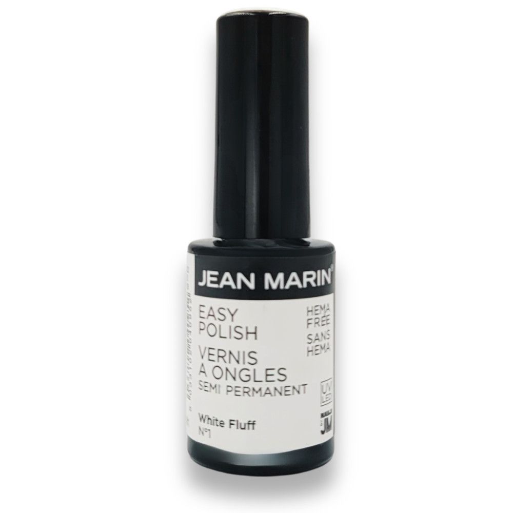 Nagellackflasche mit schwarzem Deckel. Aufschrift: JEAN MARIN, EASY POLISH, VERNIS A ONGLES SEMI PERMANENT. Farbton: White Fluff.