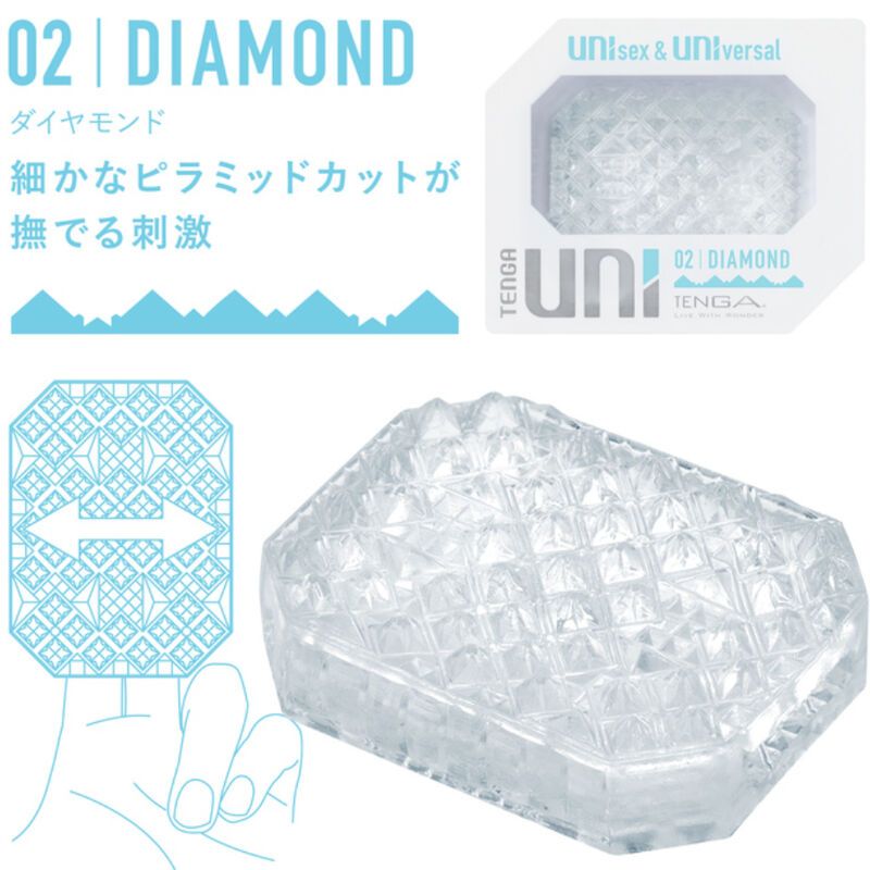TENGA UNI Masturbator Diamond. Transparenter Masturbator mit pyramidenförmiger Struktur. Verpackung mit Produktnamen.