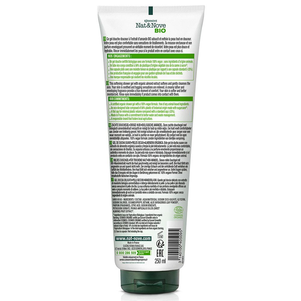 Rückseite einer weißen Tube mit grünem Verschluss. Text: Nat&Nove BIO, Produktinformationen in mehreren Sprachen, Bio-Siegel, 250 ml.