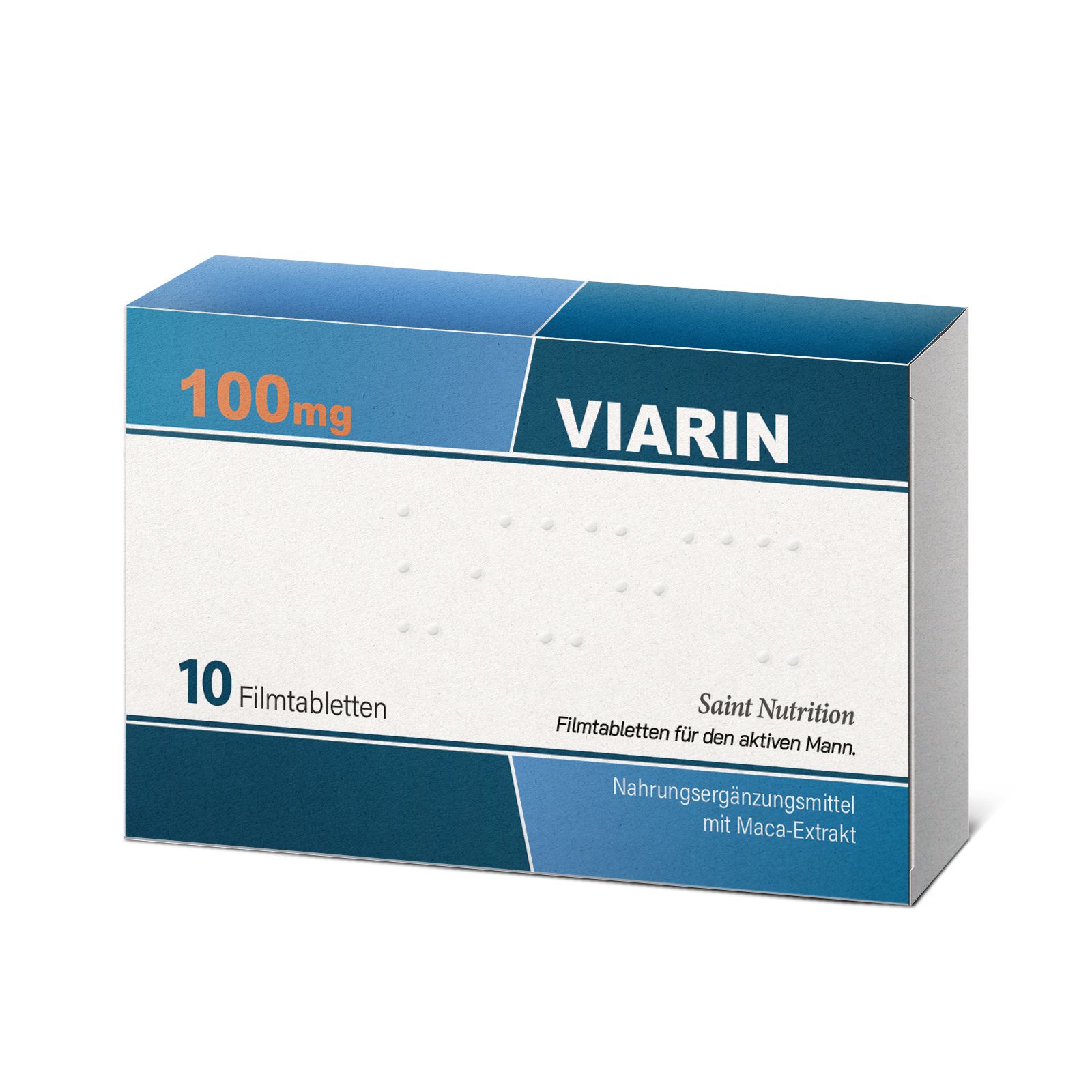Confezione Viarin. Scatola blu con scritte bianche. Contiene 10 compresse rivestite. 100mg. Saint Nutrition.
