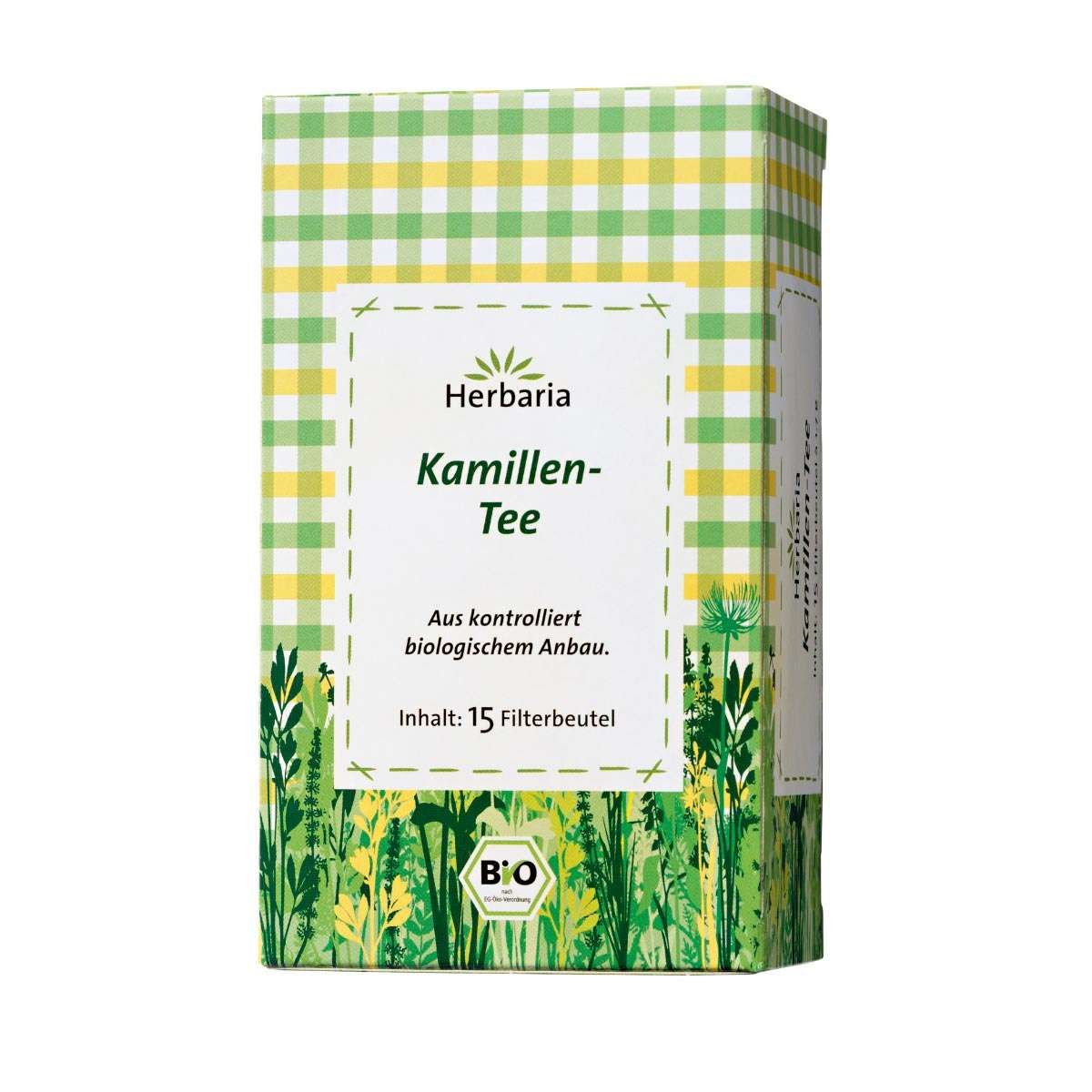 Kartonverpackung mit Herbaria Kamillen-Tee. Grün-weiß karierter Hintergrund, Textfeld mit Produktname und Bio-Siegel.