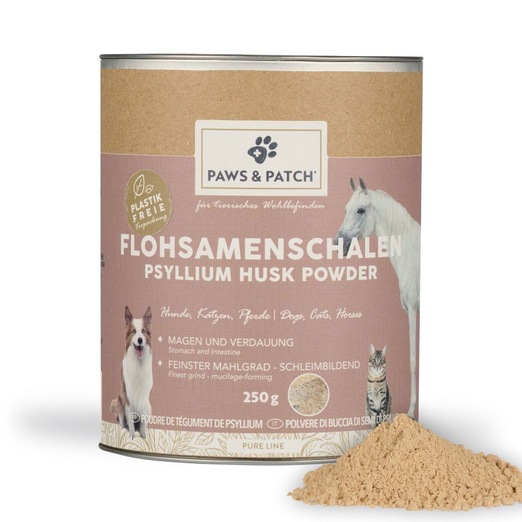 Dose mit PAWS & PATCH Flohsamenschalen Pulver. Aufschrift: 250g. Abbildung von Hund, Katze und Pferd. Text: Magen und Verdauung.
