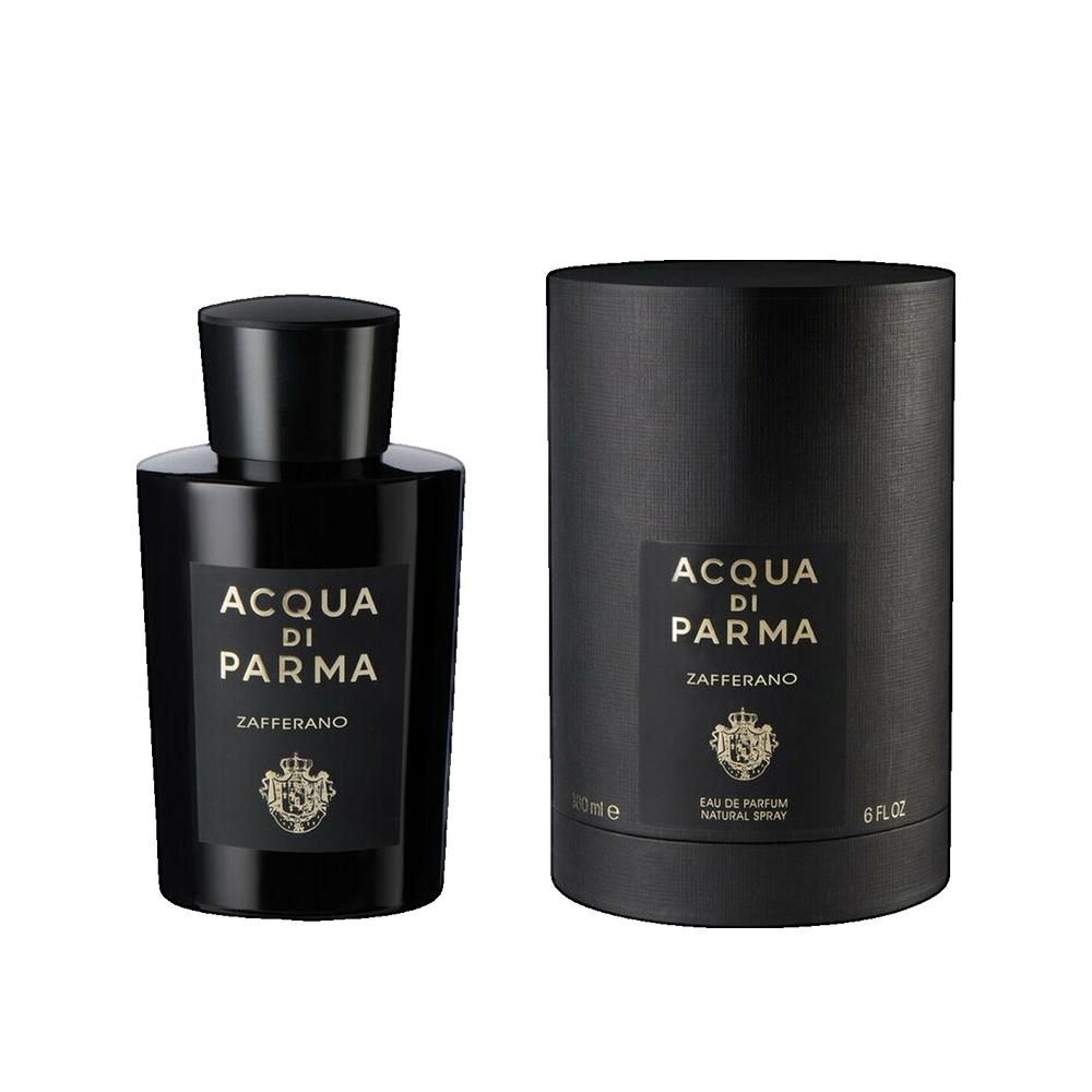 Schwarze Flasche und zylindrische Verpackung. Aufschrift: ACQUA DI PARMA Zafferano. 125ml, Eau de Parfum, Natural Spray.