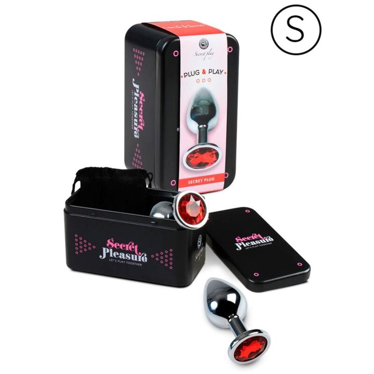 Analplug mit rotem Schmuckstein, in schwarzer Dose. Aufschrift: Secret Pleasure. Inklusive schwarzem Beutel und Deckel.