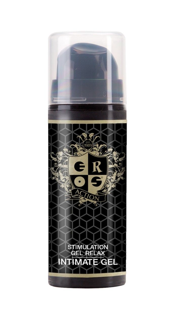 Schwarze Gel-Flasche mit Aufschrift: EROS ACTION, STIMULATION GEL RELAX, INTIMATE GEL.