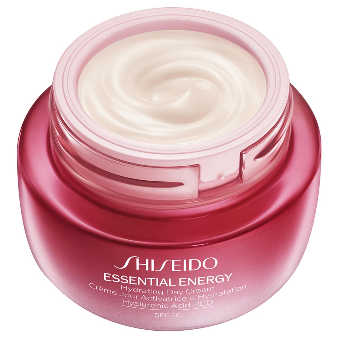 Geöffneter roter Tiegel Shiseido Essential Energy Hydrating Day Cream. Creme im Inneren sichtbar. Text auf dem Tiegel.