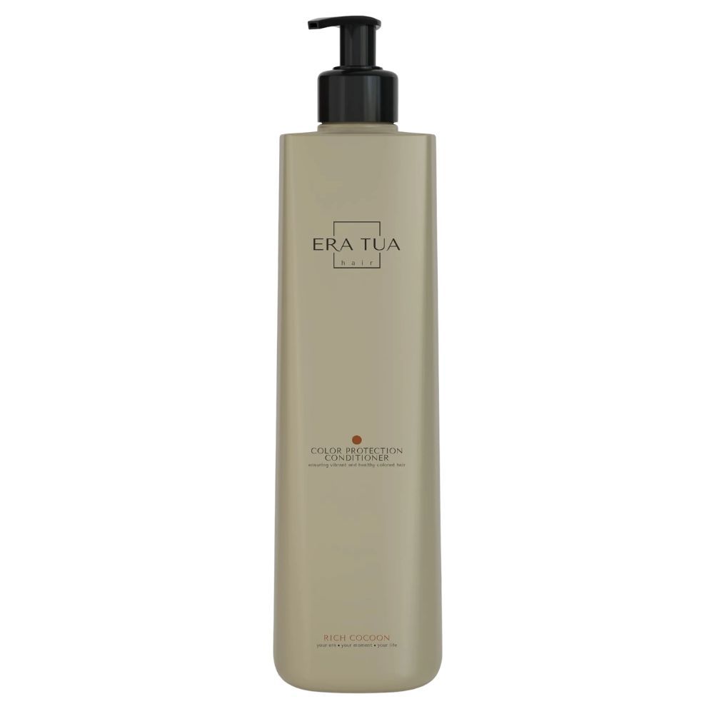 Beige Flasche mit schwarzem Pumpverschluss. Text: EraTua, Rich Cocoon Conditioner. Roter Punkt.