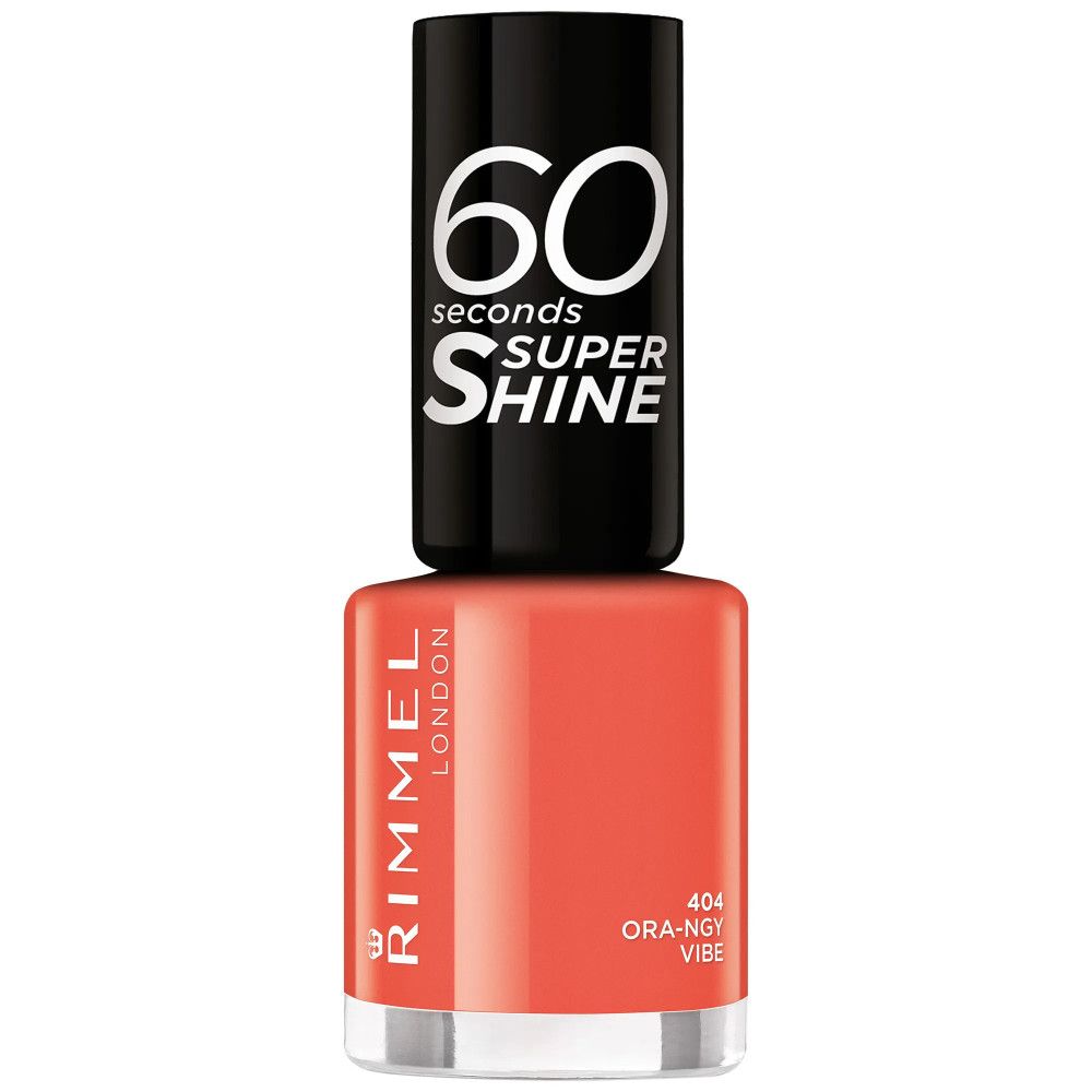 Nagellackflasche, orangefarben. Schwarzer Deckel mit weißem "60 seconds Super Shine"-Schriftzug. Rimmel-Logo und Farbcode.