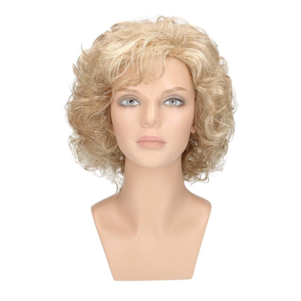Perücke Violetta von Lofty, blond, lockig, auf einem Schaufensterkopf. Frontansicht.