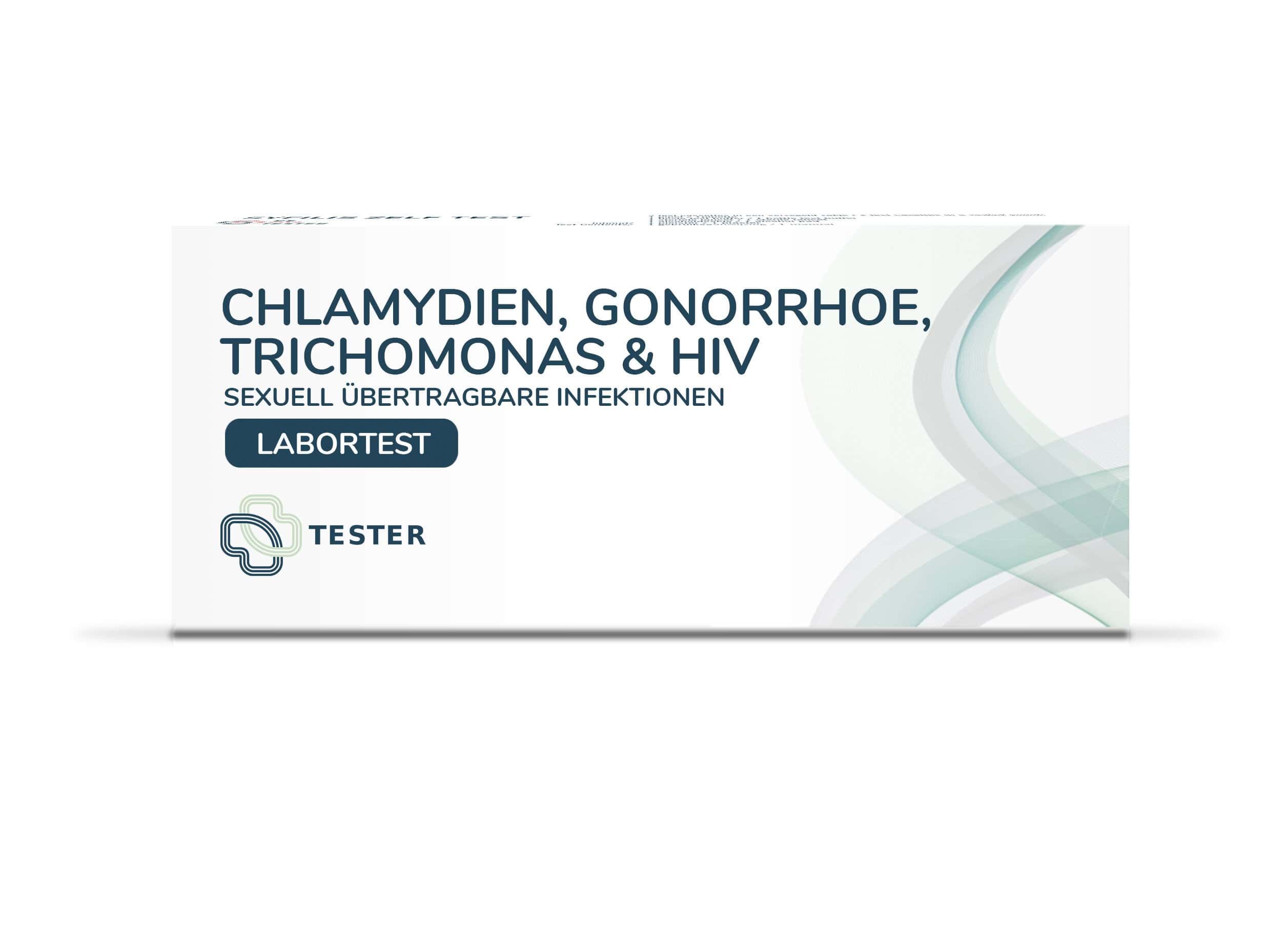 Verpackung eines Labortests für Chlamydien, Gonorrhoe, Trichomonas und HIV.