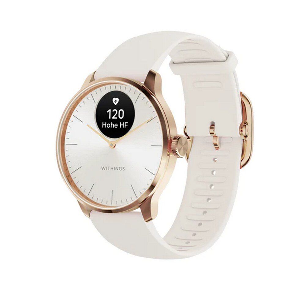 Roségoldene Smartwatch mit weißem Armband. Zifferblatt mit Anzeige. Marke: Withings.