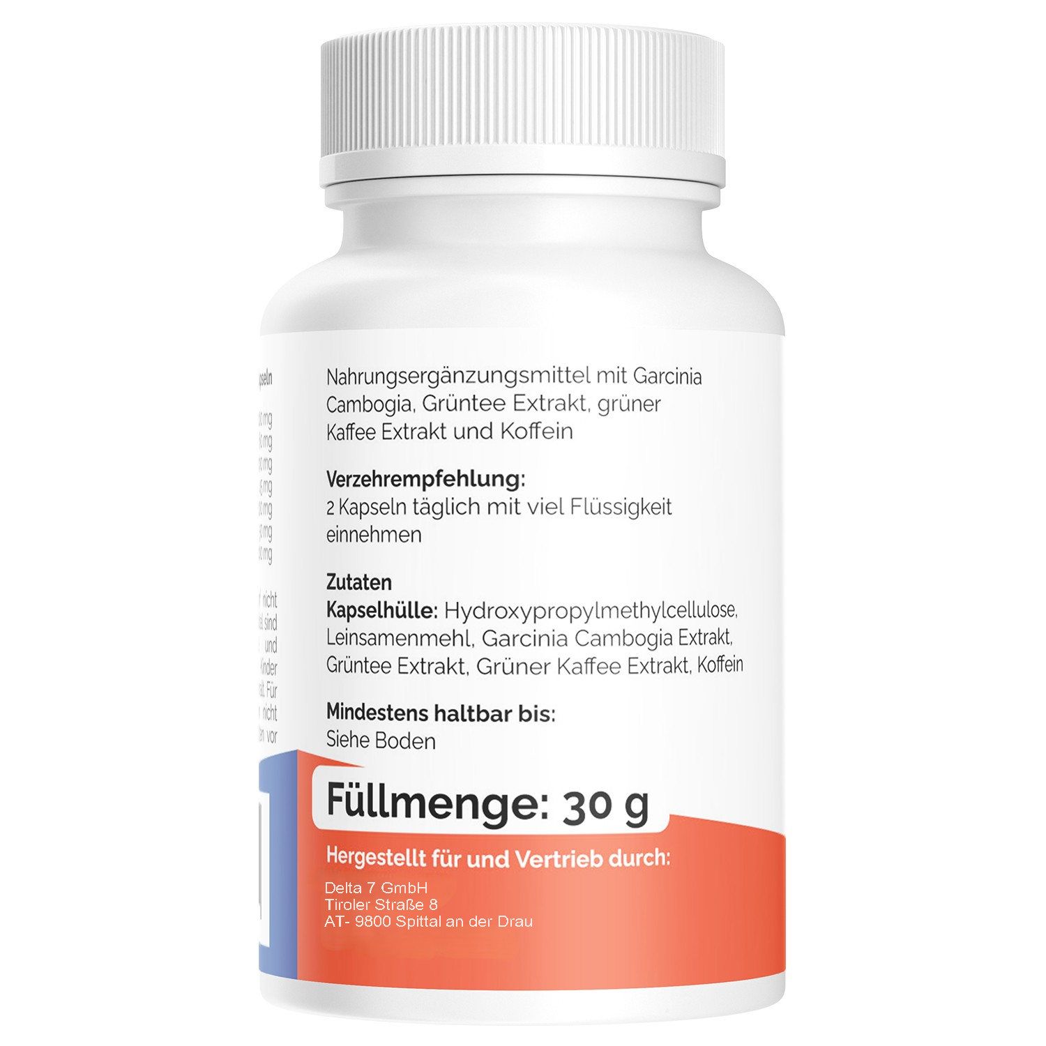 Rückseite einer weißen Flasche mit Kapseln. Text: Nahrungsergänzungsmittel, Zutaten, Verzehrempfehlung. Füllmenge: 30 g.