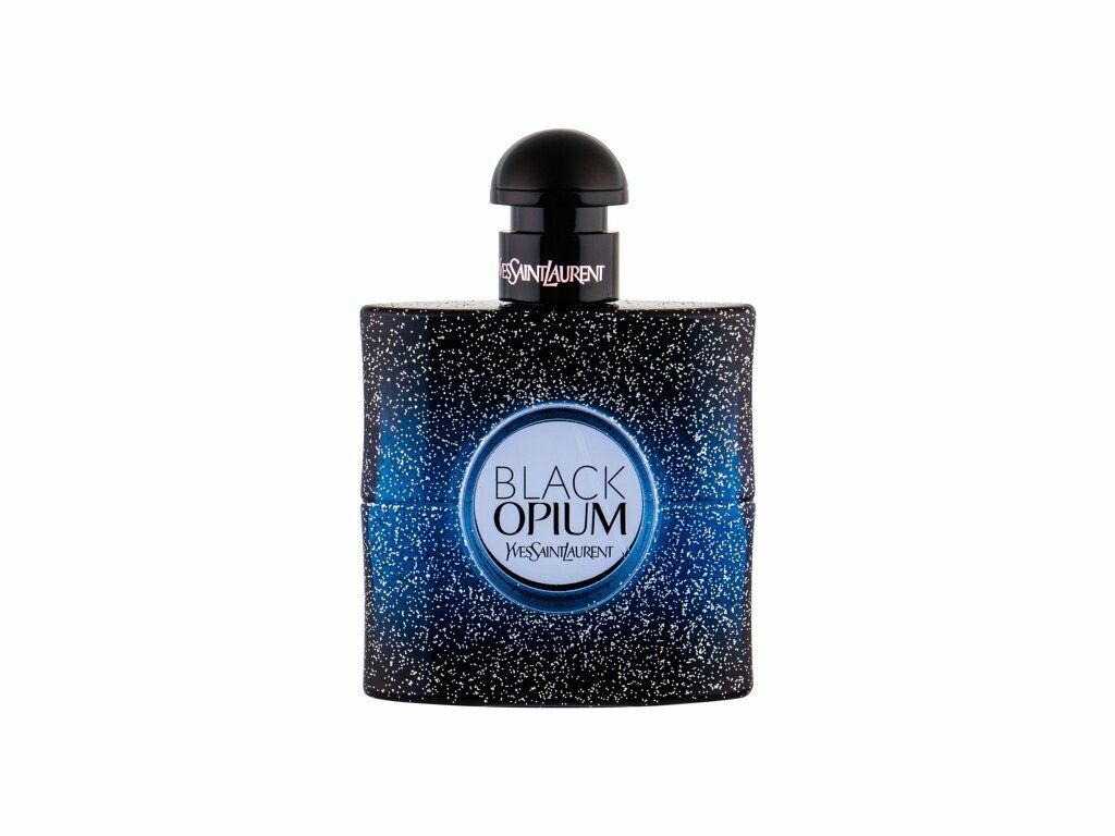Dunkelblauer Flakon mit schwarzem Verschluss. Aufschrift: Black Opium, Yves Saint Laurent.