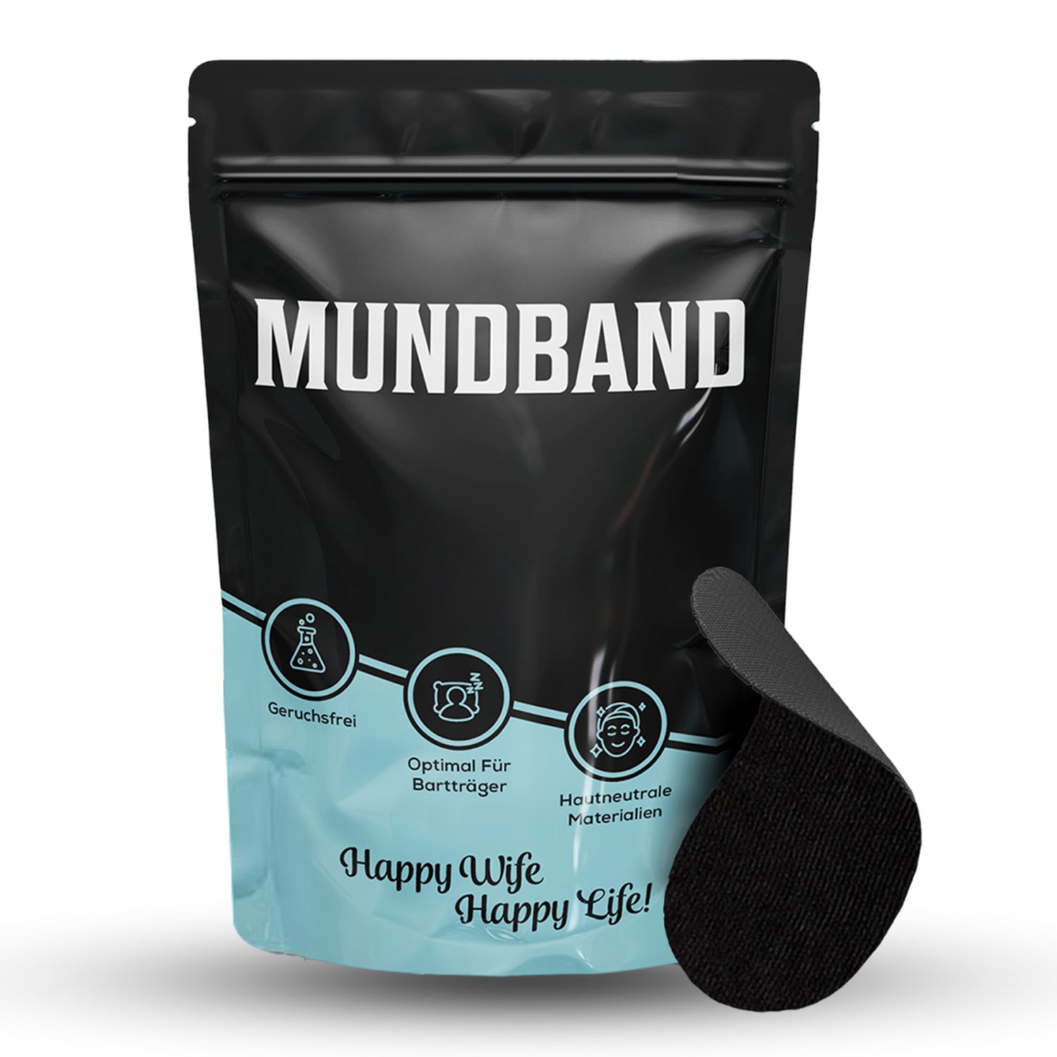 Schwarzes Mundband-Pflaster, einzeln. Verpackung mit Produktnamen und Icons. Aufschrift: Mundband, Happy Wife Happy Life!