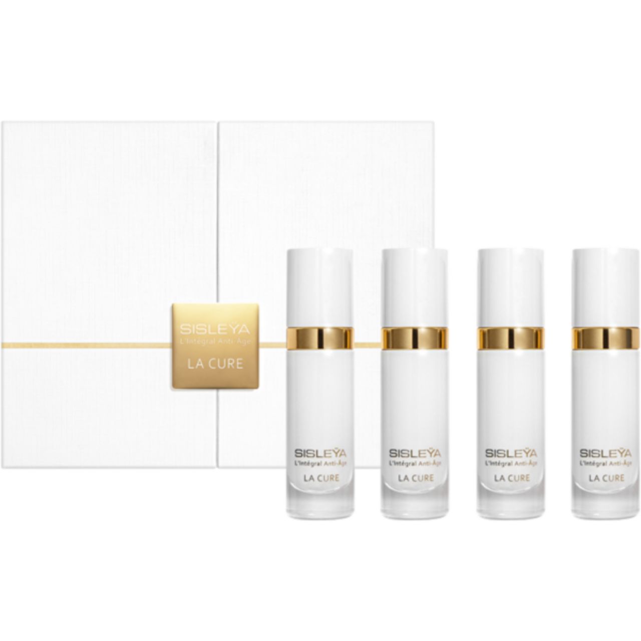 Vier Flakons und eine Verpackung. Aufschrift: Sisleya L'Intégral Anti-Âge LA CURE. Goldene Akzente.