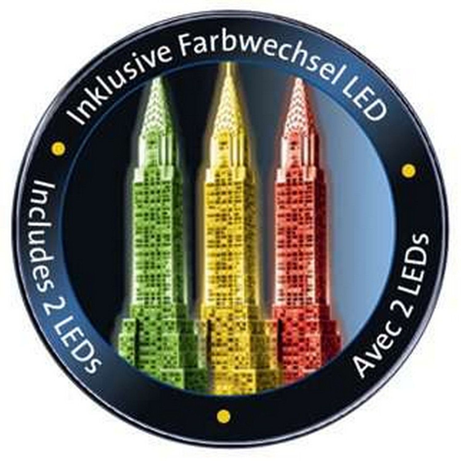 Kreisförmige Abbildung. Drei beleuchtete Chrysler Building Türme in verschiedenen Farben. Text: Inklusive Farbwechsel LED.