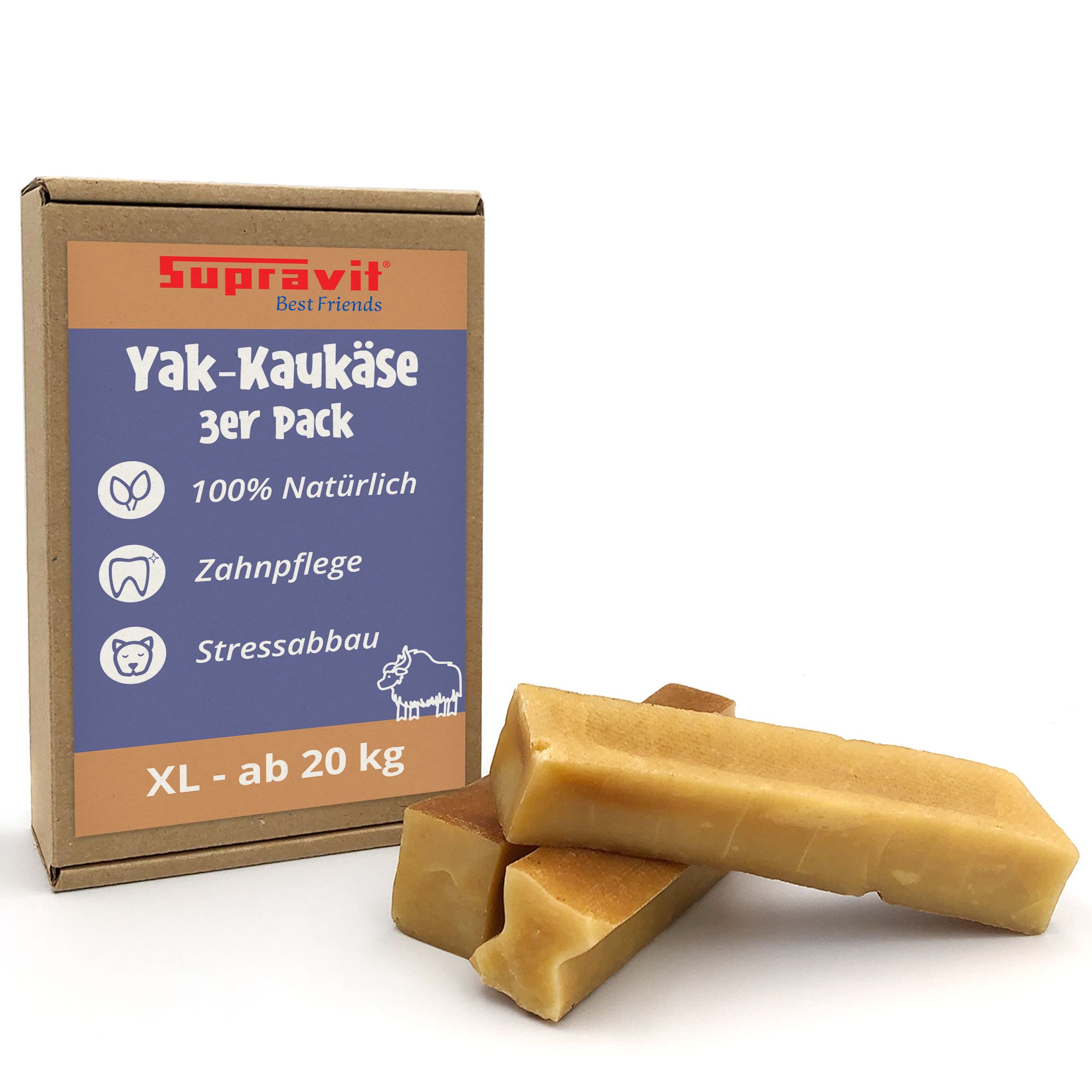 Verpackung von Supravit Yak-Kaukäse. 3er Pack. Text: 100% natürlich, Zahnpflege, Stressabbau. XL - ab 20 kg. Produktbeispiele.
