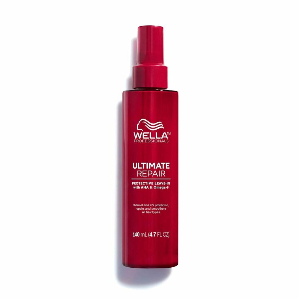 Rote Sprühflasche mit Produktnamen und Logo. Text: Ultimate Repair Protective Leave-In, 140 ml.