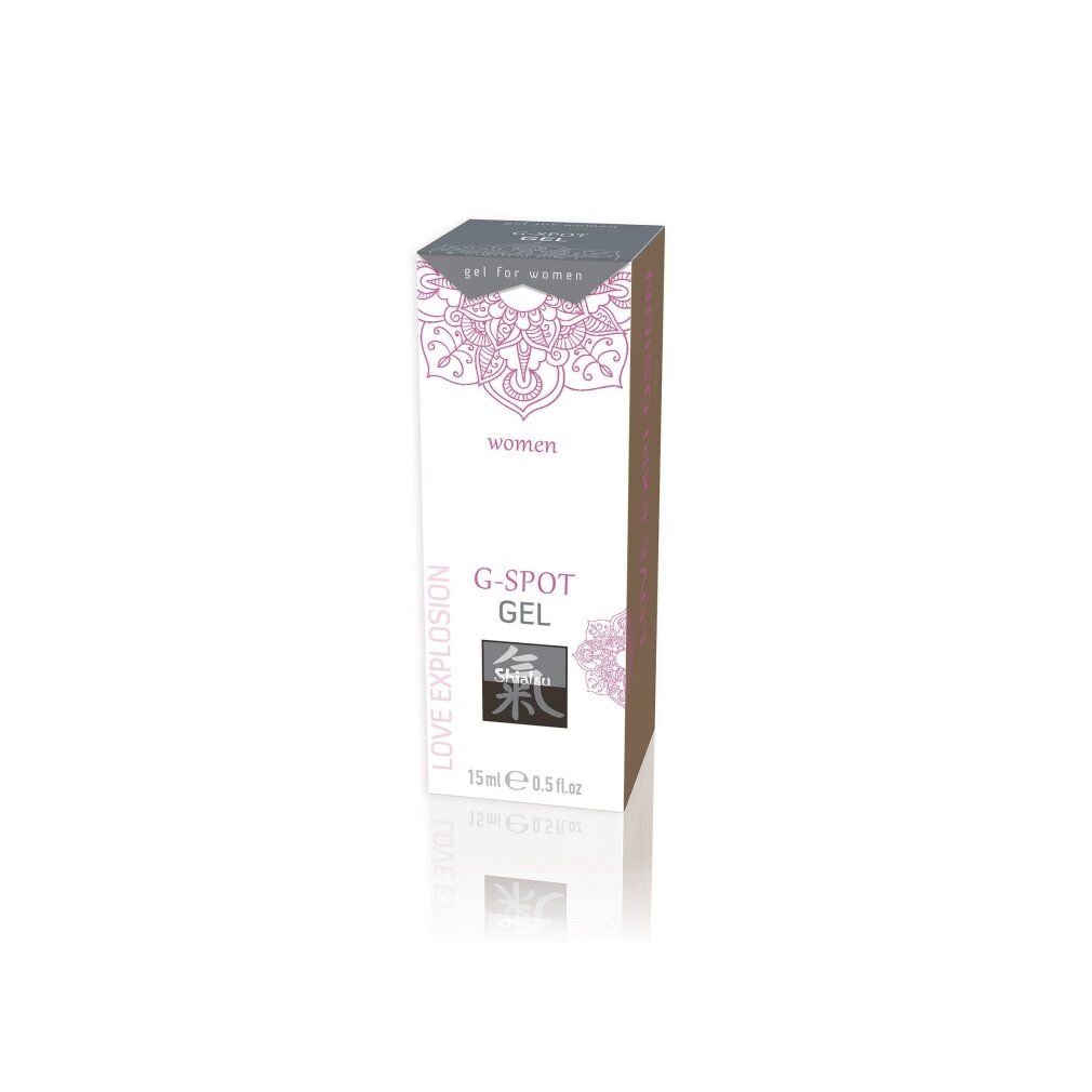 Kartonverpackung für G-SPOT GEL. Weiß mit rosa Mandala-Design. Text: "gel for women", "women", "G-SPOT GEL", "Shiatsu", 15ml 0.5 fl.oz.
